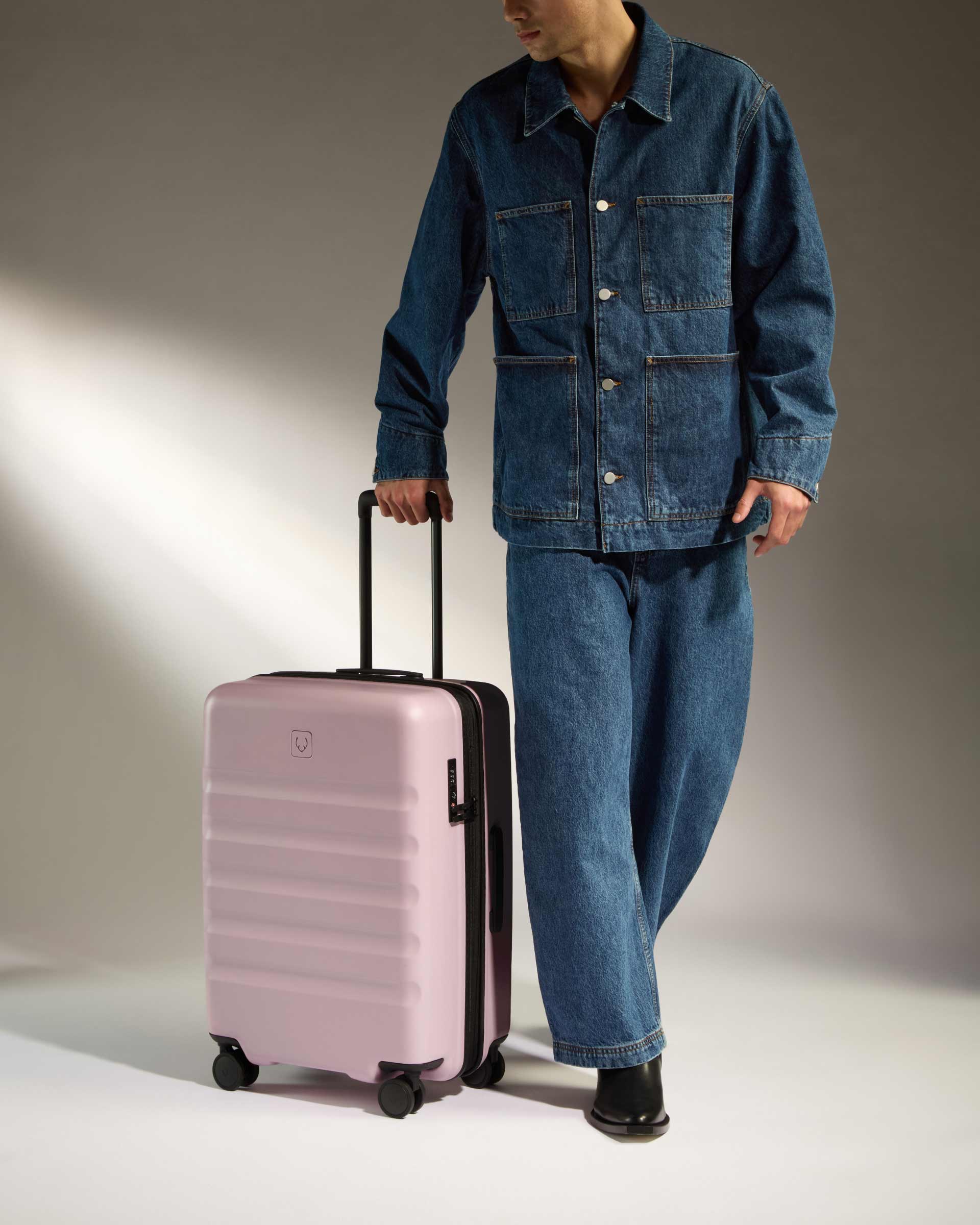 Antler Luggage -  Icon Stripe Medium in Moorland Pink - Hard Suitcase Icon Stripe Medium Suitcase in Pink | Lightweight & Hard Shell Suitcase