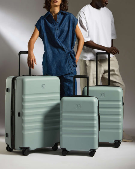 Antler Luggage -  Icon Stripe Set with Biggest Cabin in Mist Blue - Hard Suitcase Icon Stripe Set with Biggest Cabin in Blue | Lightweight & Hard Shell Suitcase