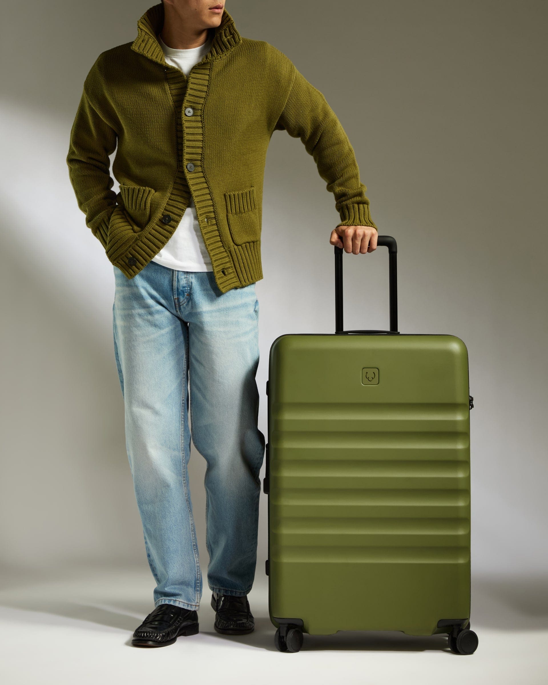 Antler Luggage -  Large Suitcase in Fern Green - Icon Stripe - Hard Suitcase Icon Stripe Large Suitcase in Green | Lightweight & Hard Shell Suitcase