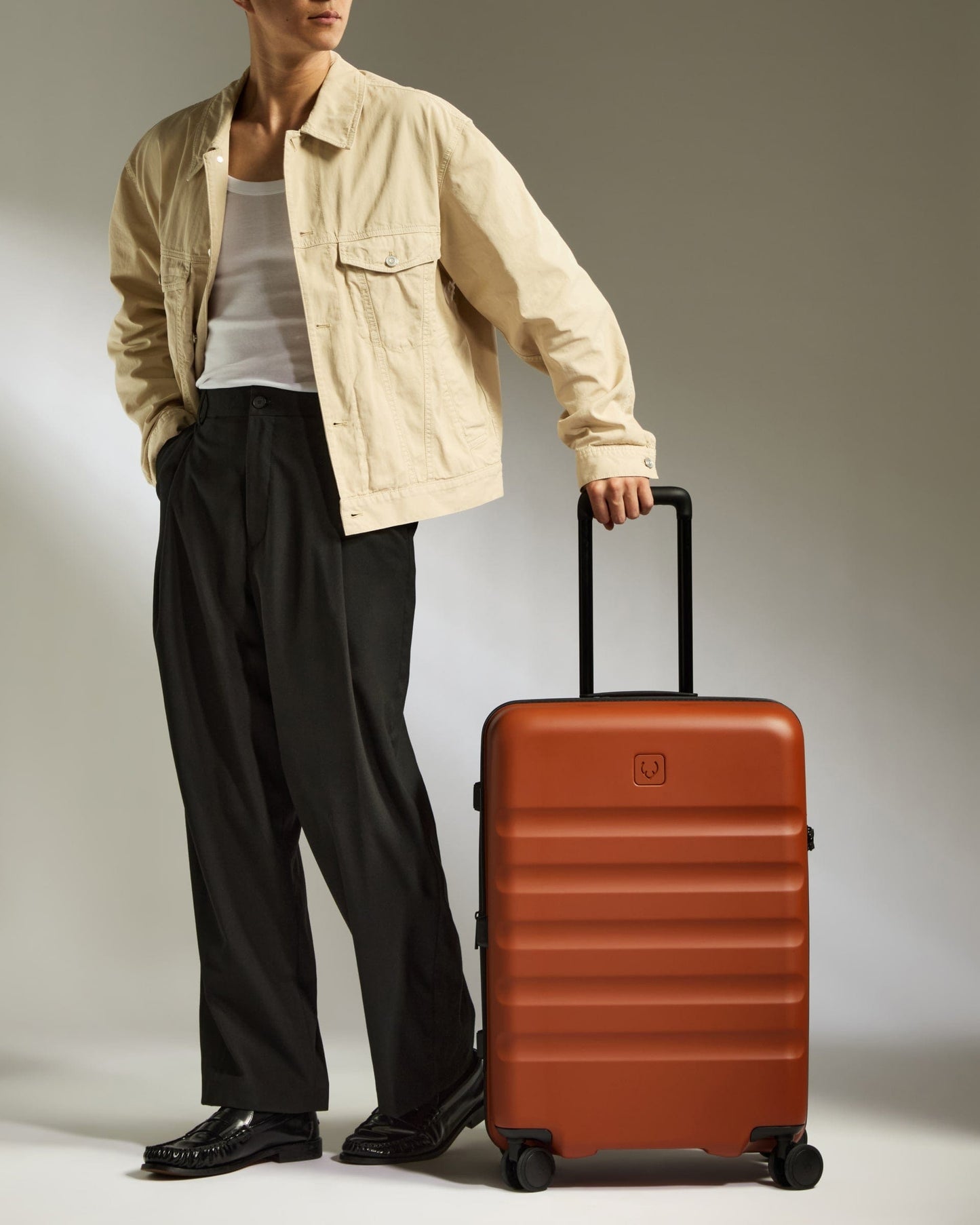 Antler Luggage -  Medium Suitcase in Maple Red - Icon Stripe - Hard Suitcase Icon Stripe Medium Suitcase in Red | Lightweight & Hard Shell Suitcase